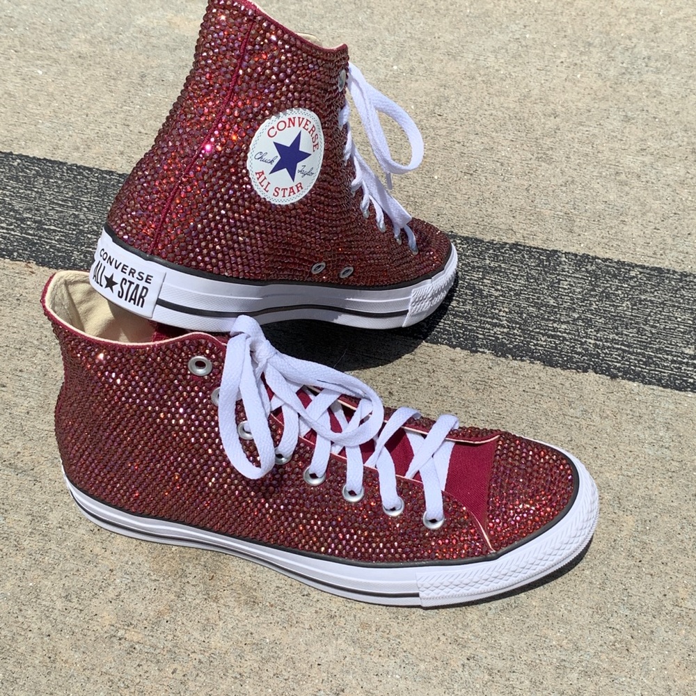 Burgundy hi top rhinestone converse